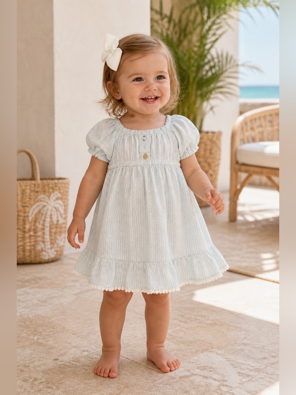Tommy BAHAMA Seersucker Blue And White Ruffled Hem Dress 24 Mo